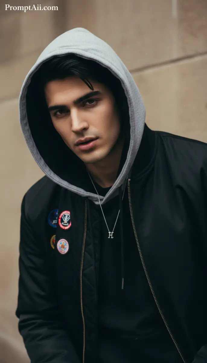 Moody Portrait of Young Man in Grey Hoodie and Black Bomber Jacket