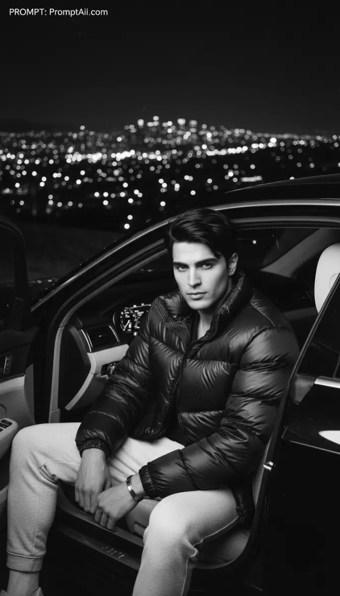 Monochrome Portrait of Man in Puffer Jacket Overlooking City Lights
