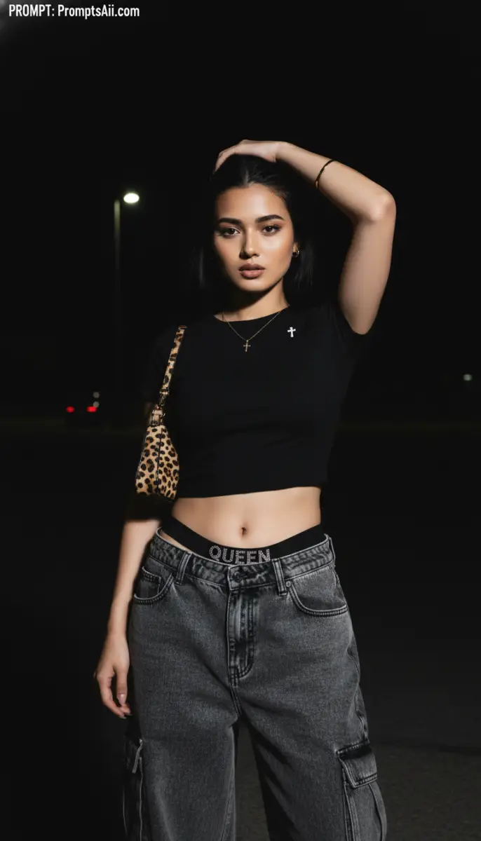 Nighttime Street Style: Black Crop Top, Cargo Jeans, and 'Queen' Waistband