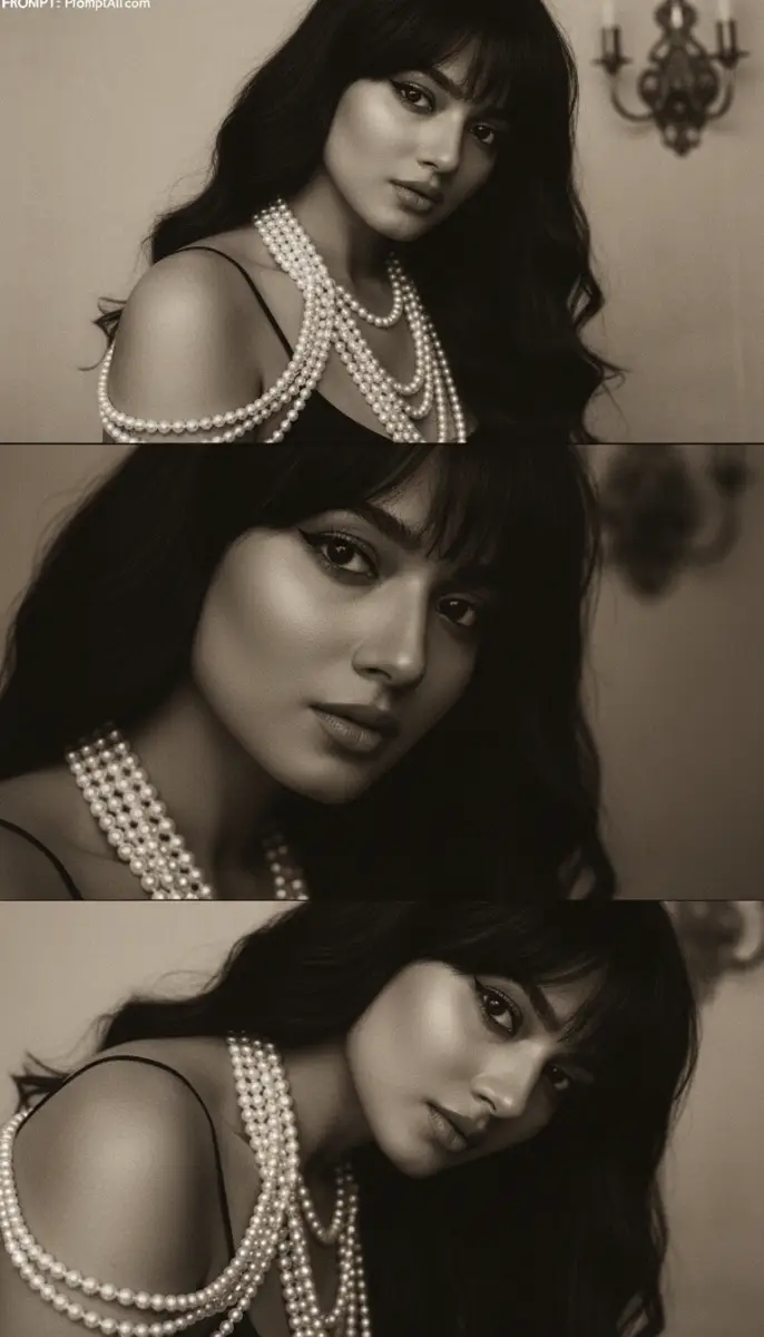 Timeless Glamour: Triptych Portrait with Cascading Pearls