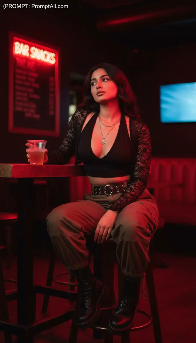 Neon Glow: Alternative Style in a Red-Lit Bar