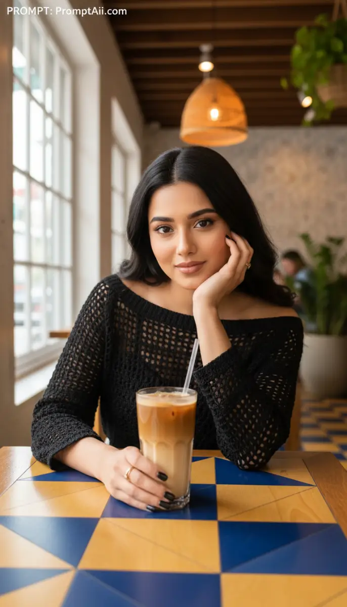 Young Woman Enjoying Iced Latte in a Stylish Cafe