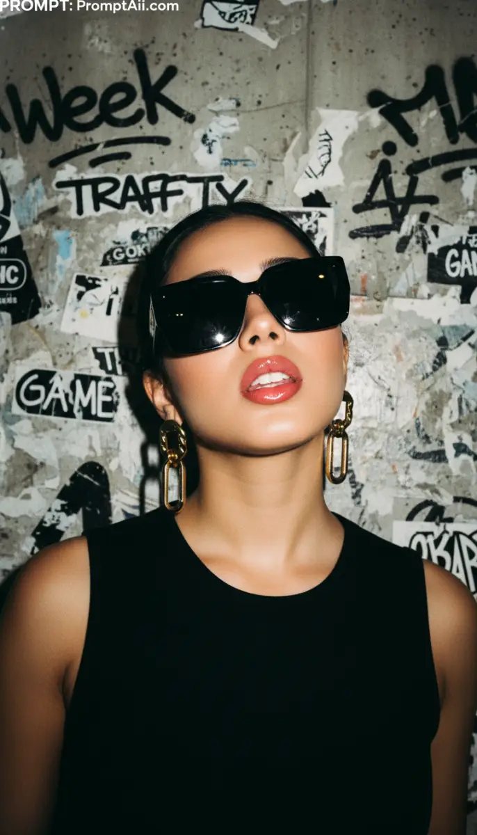 Urban Chic Portrait with Black Sunglasses and Gold Earrings