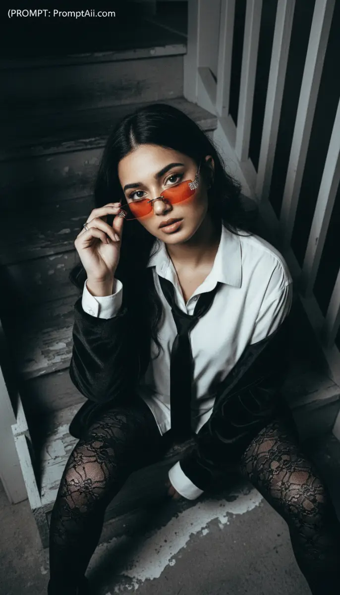 Moody Portrait in Lace and Tie with Red Sunglasses