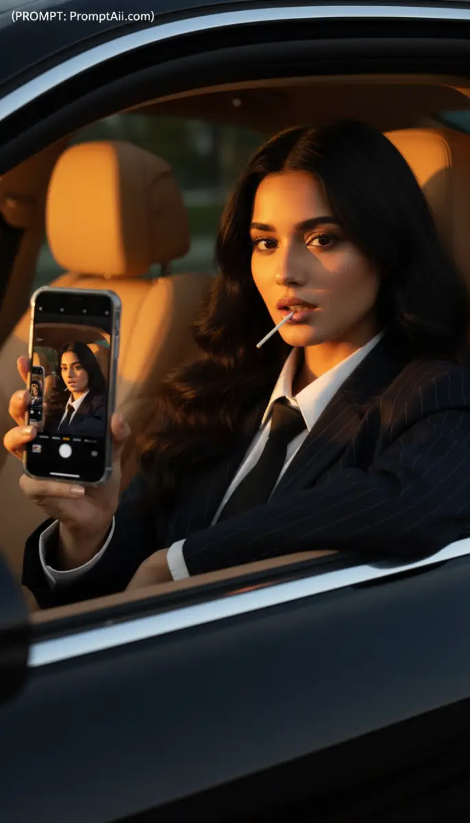 Professional Woman in Pinstripe Suit with Lollipop and Camera Reflection