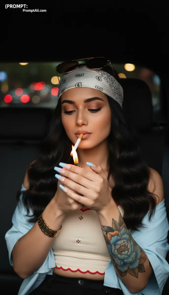 Stylish Woman Lighting a Cigarette in a Nighttime Car Setting