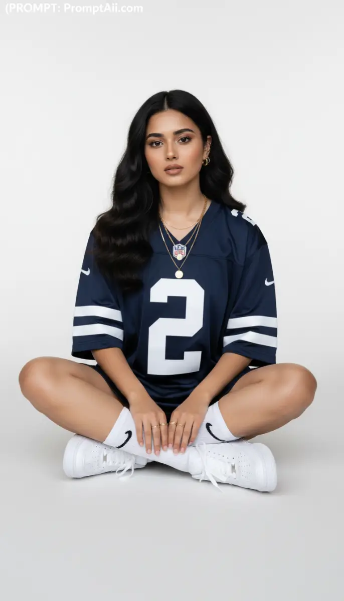 Model Wearing Navy Football Jersey Sitting Cross-Legged