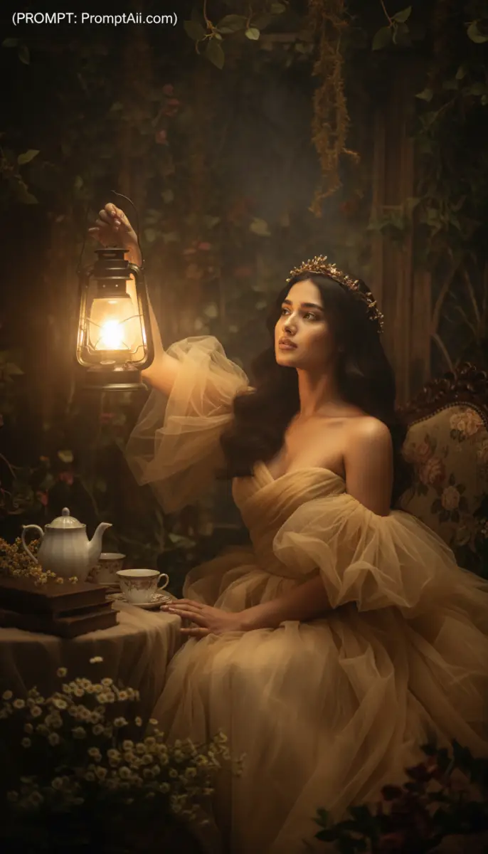 Ethereal Queen with Lantern in a Secret Garden