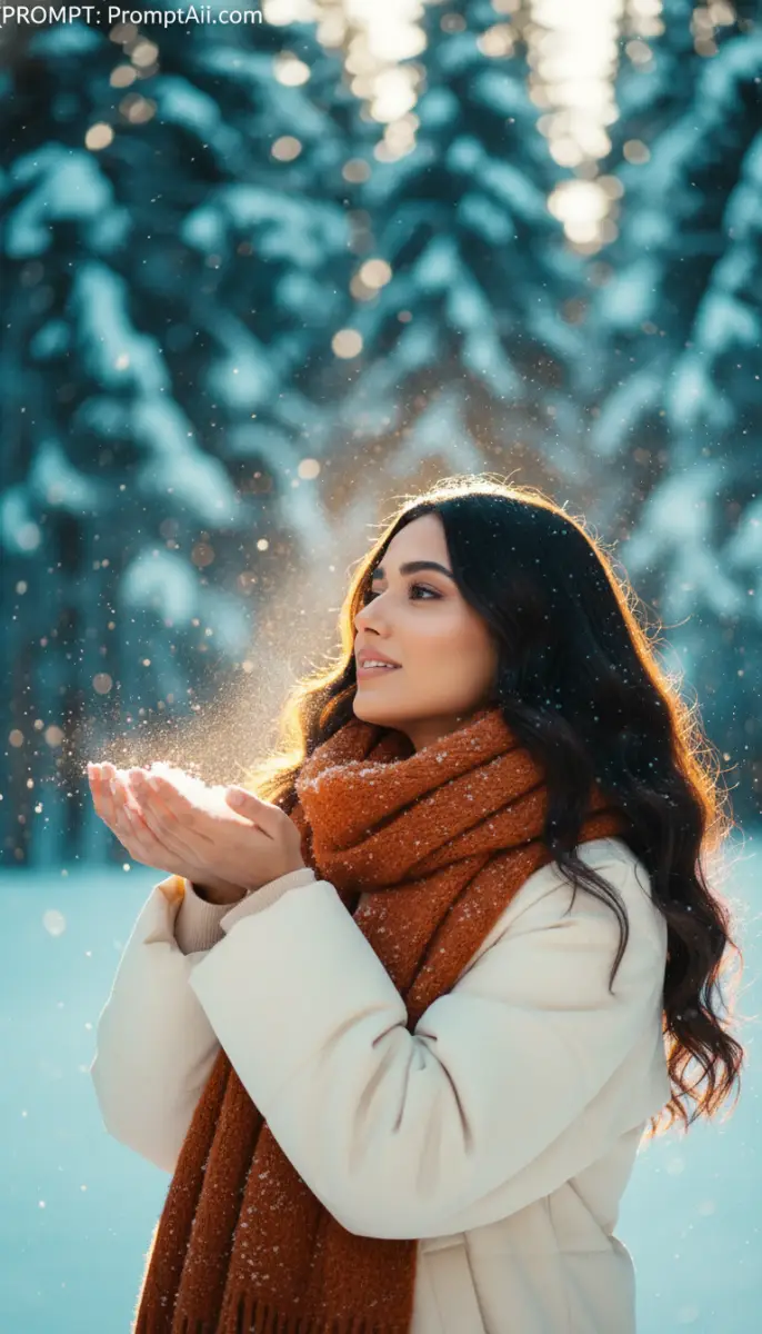 Woman Holding Snow in Golden Winter Sunlight