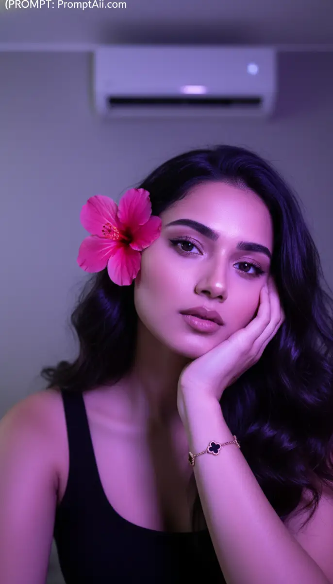 Neon Glow Portrait with Hibiscus Flower