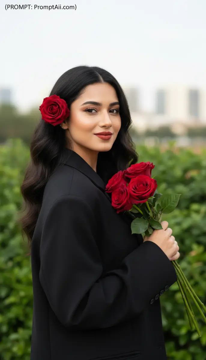 Elegant Woman in Black Blazer with Red Roses