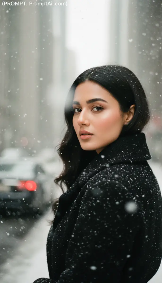 Winter Elegance: Portrait of a Woman in Snowfall