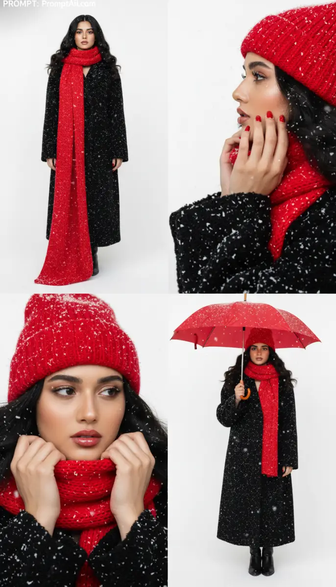 Elegant Winter Portrait in Red Knitwear and Black Coat