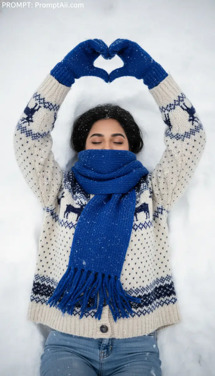 Cozy Winter Love: Woman Lying in Snow Making a Heart Shape with Gloved Hands
