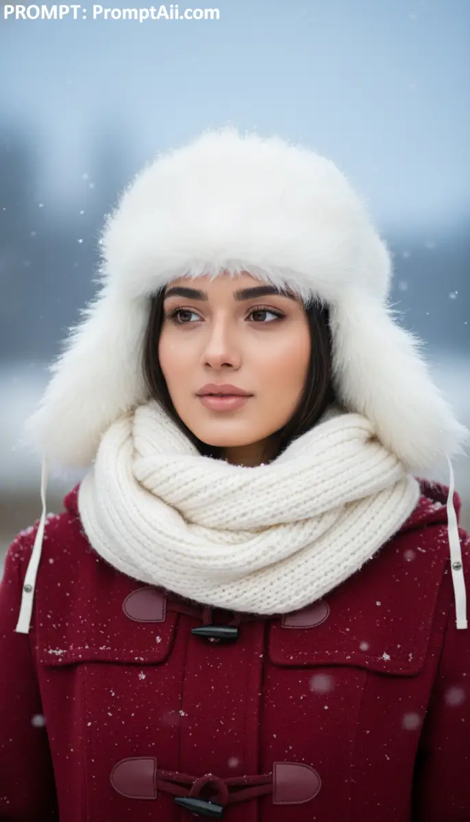 Elegant Winter Portrait: Woman in White Ushanka and Red Duffle Coat