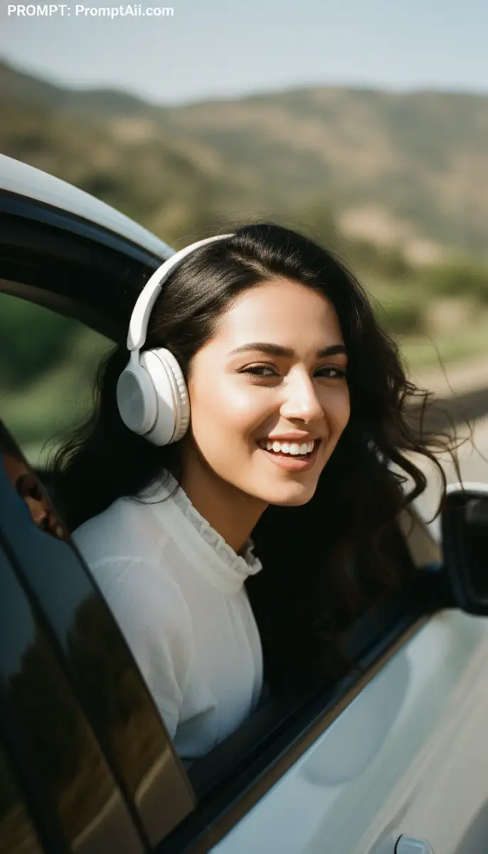 Joyful Road Trip: Woman Listening to Music with Headphones in Car
