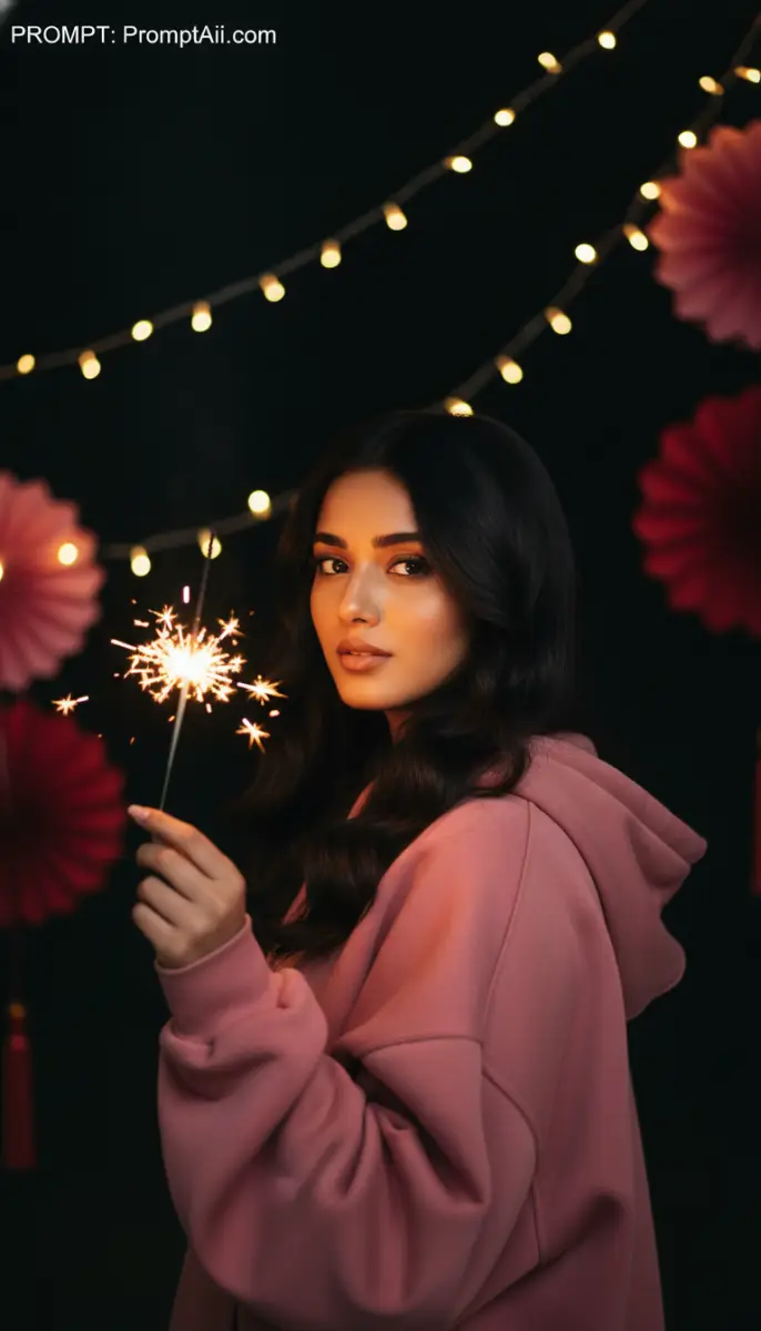 Festive Portrait: Woman Holding a Sparkler in a Dark Setting