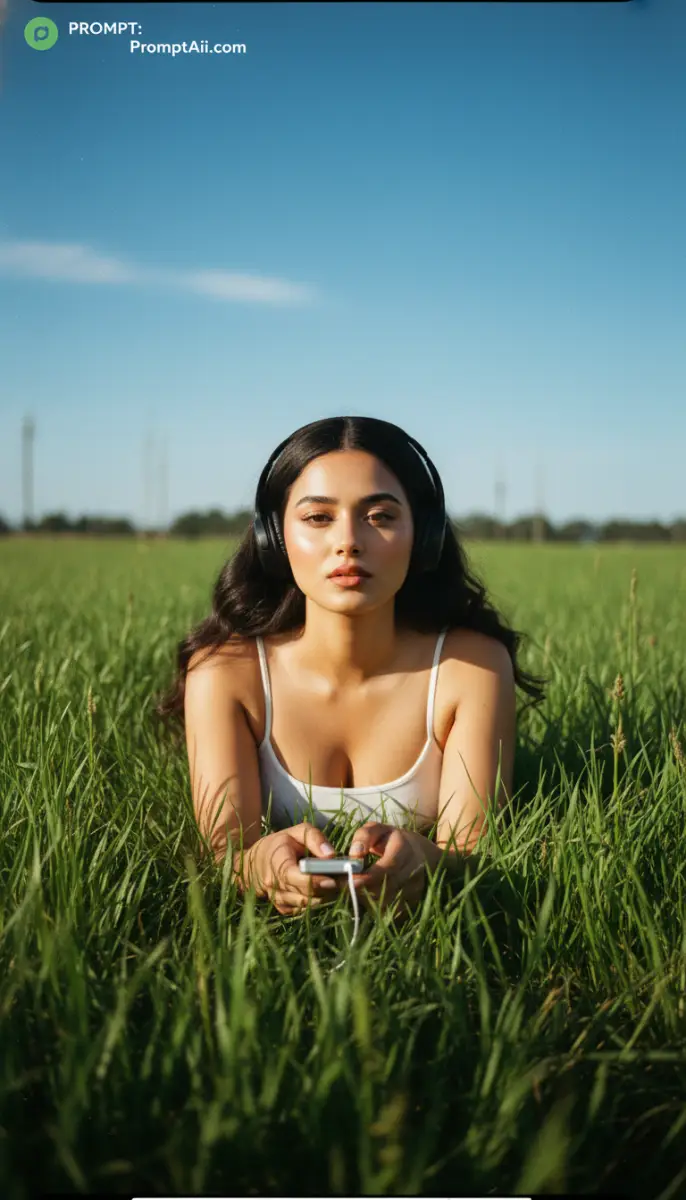 Woman with Headphones Relaxing in a Green Field