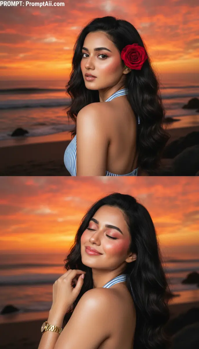 Serene Sunset Portrait with Red Rose