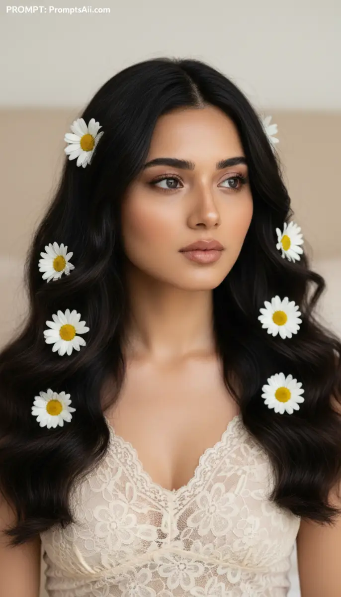 Ethereal Woman with Daisies in Dark Hair