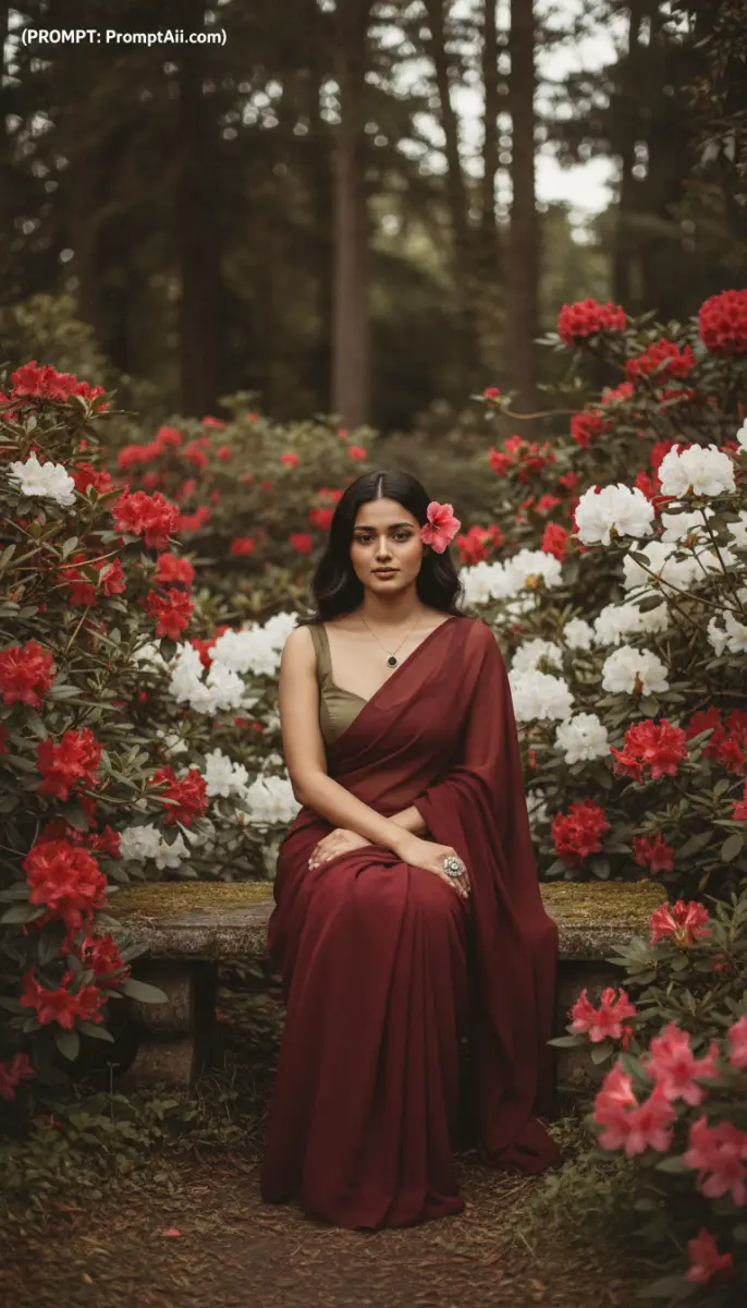 Portrait of an Elegant Woman in a Maroon Saree Amidst Red and White Flowers