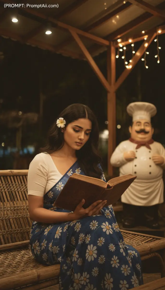 Serene Night Reading in a Daisy Saree