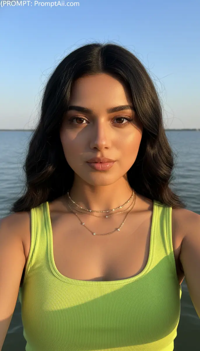 Golden Hour Portrait of Woman in Vibrant Neon Top