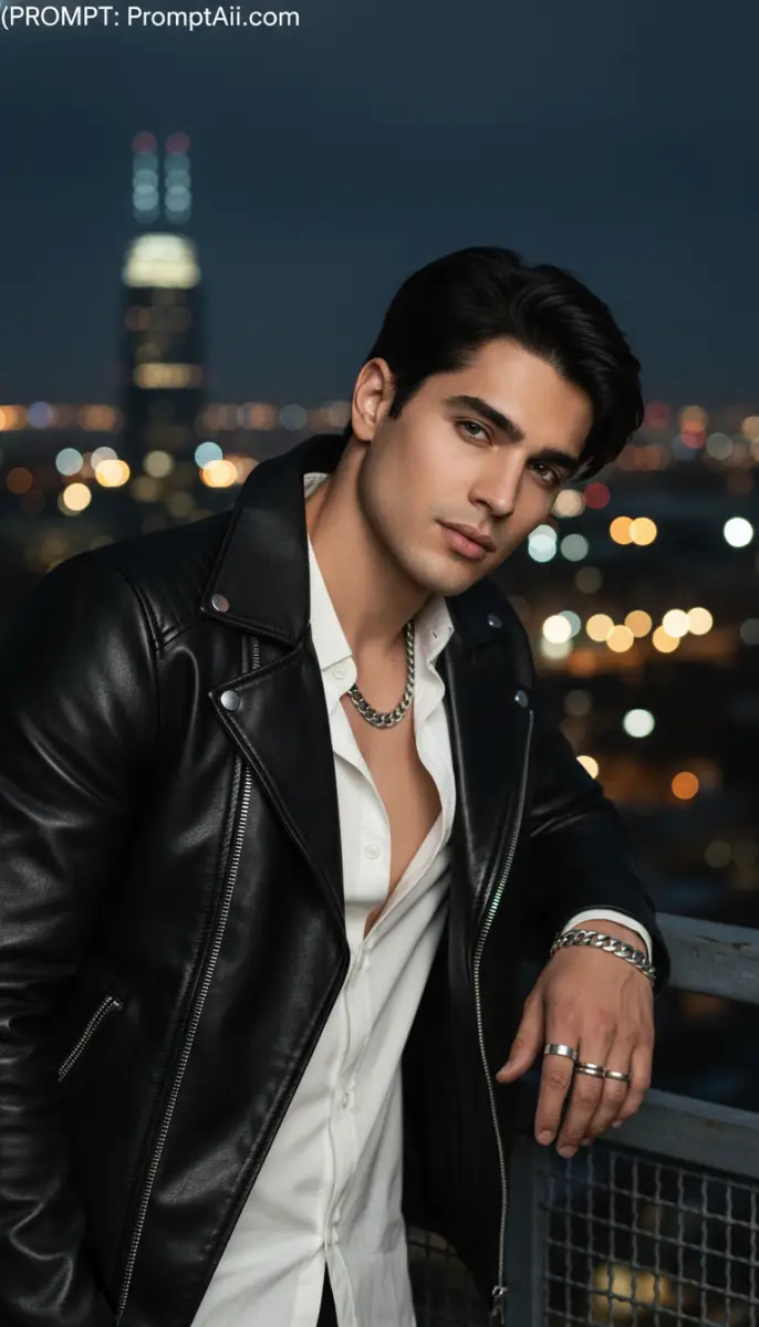 Confident Man in Leather Jacket on City Rooftop at Night