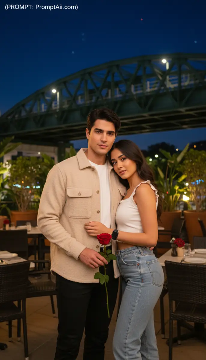 Romantic Couple on Date Night Holding a Rose