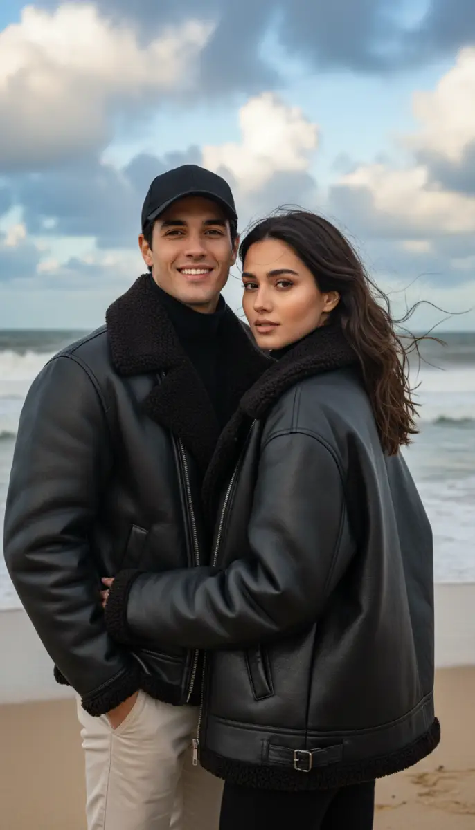 Stylish Couple in Black Shearling Jackets on the Beach