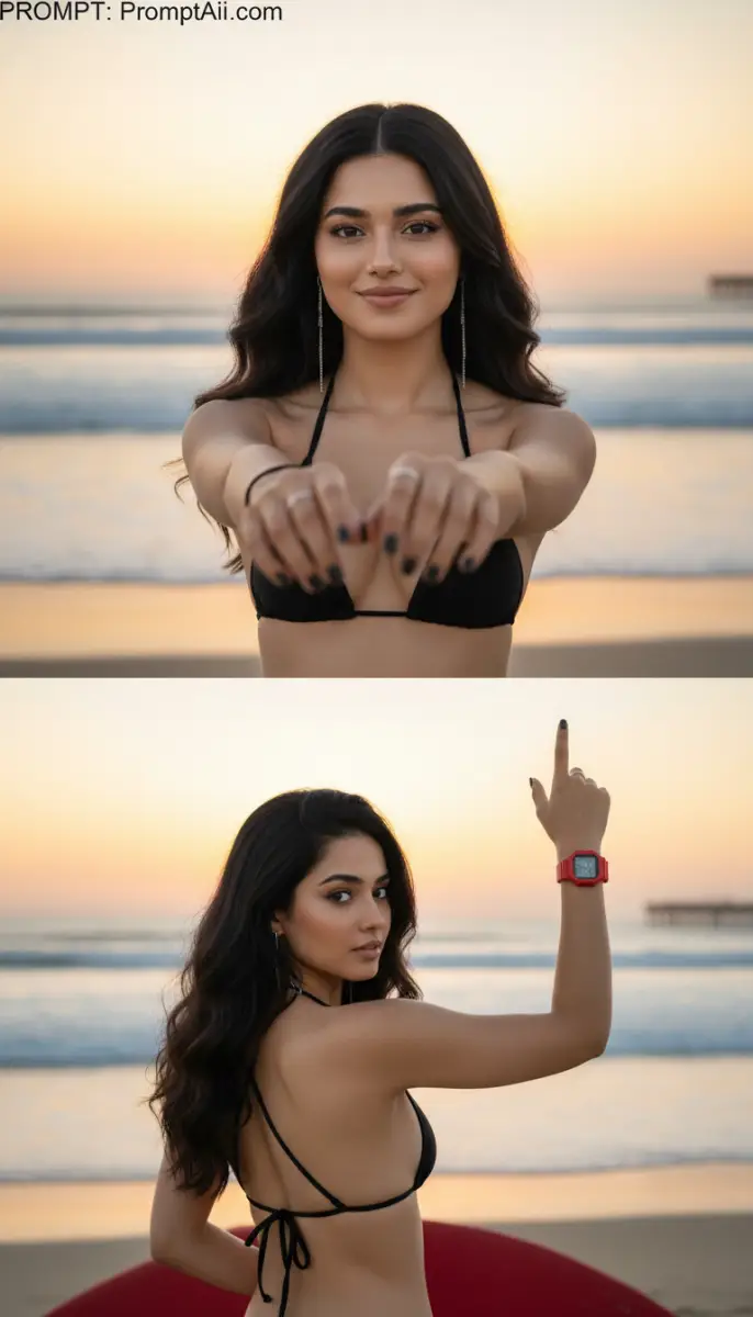 Golden Hour Beach Beauty: Split View Bikini Photoshoot