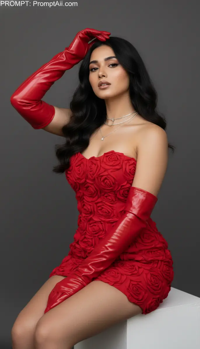 Red Rose Mini Dress and Opera Gloves Glamour Portrait