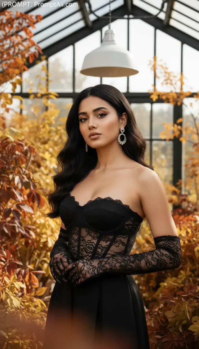 Portrait of a Woman in Black Lace and Autumn Foliage