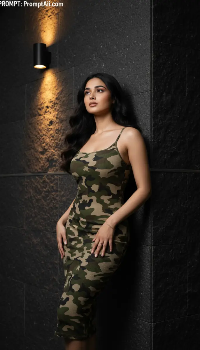 Striking Portrait of Woman in Camouflage Midi Dress