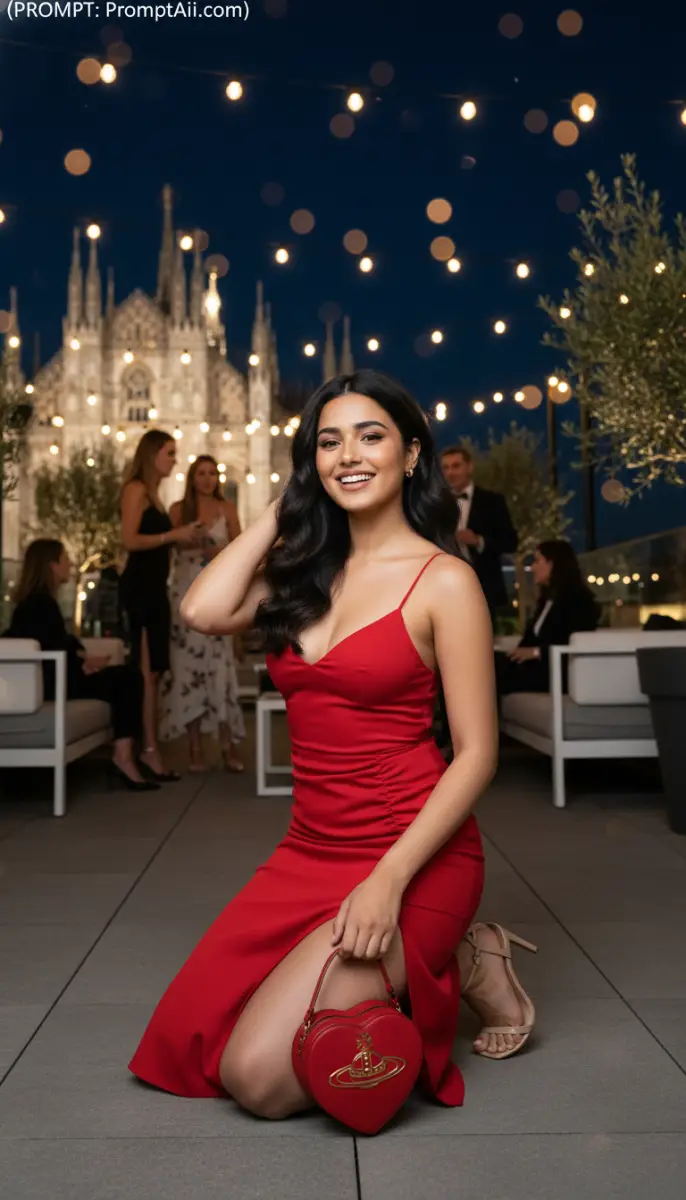 Elegant Woman in Red Dress with Heart Bag on City Rooftop