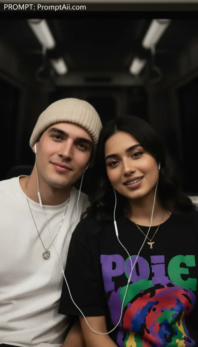 Young Couple Sharing Music on Public Transport