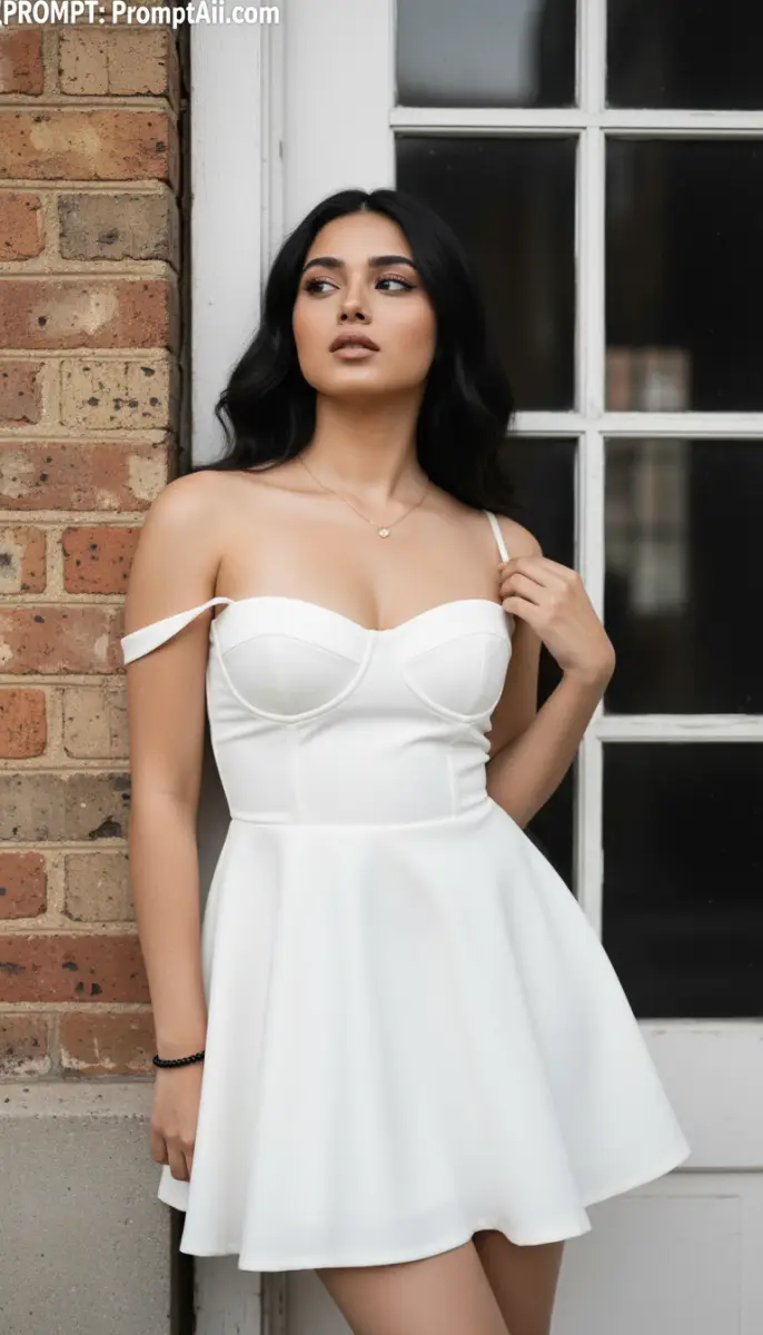 White Dress Elegance Against Brick and Glass
