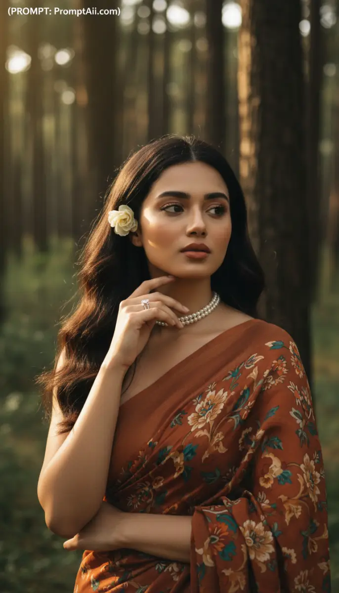 Elegant Portrait in the Woods: Woman in Floral Saree and Pearls