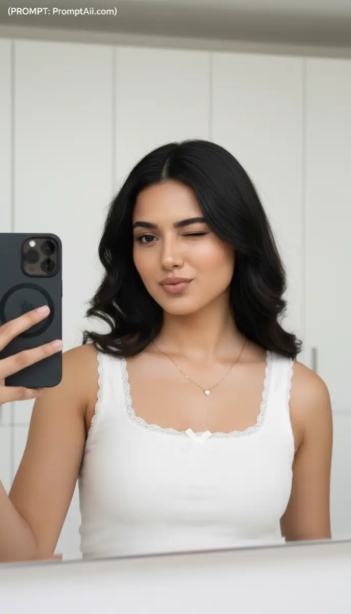 Attractive Woman Winking in Mirror Selfie wearing White Camisole