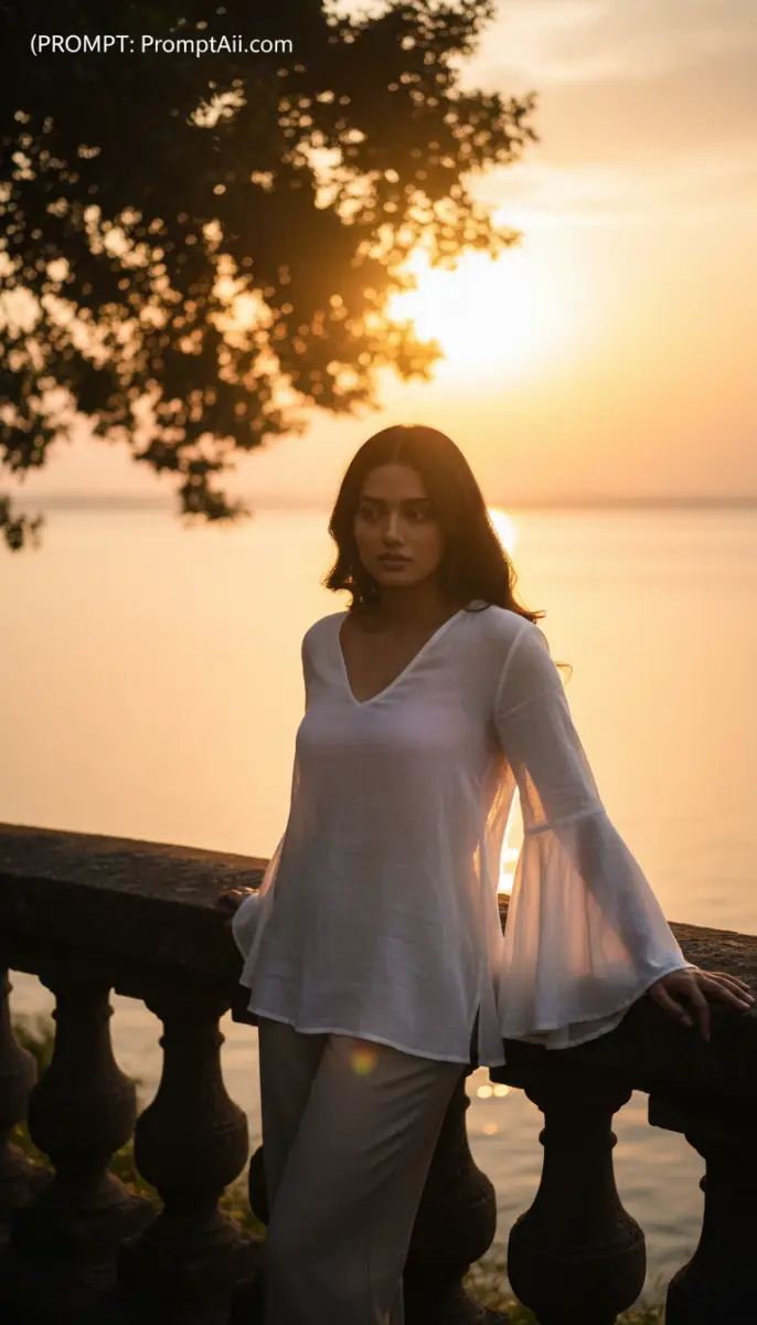 Golden Hour Elegance: Woman in Flowing White by the Balustrade