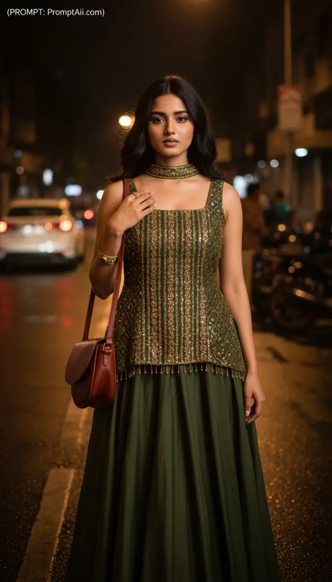 Portrait of a Woman in a Gold-Embroidered Green Lehenga at Night