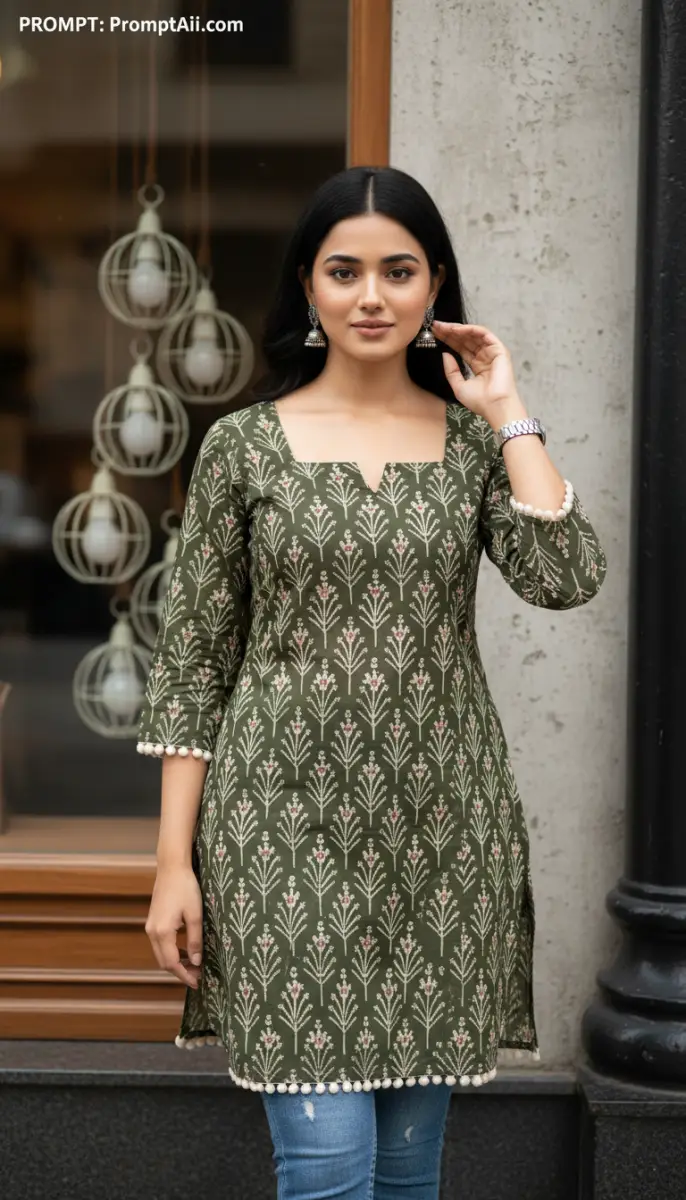 Chic Olive Green Printed Kurta with Pom-Pom Detail