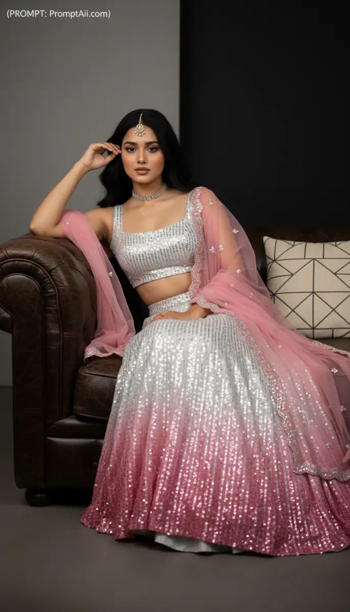 Stunning Indian Woman in Sequined Ombre Lehenga on Leather Sofa