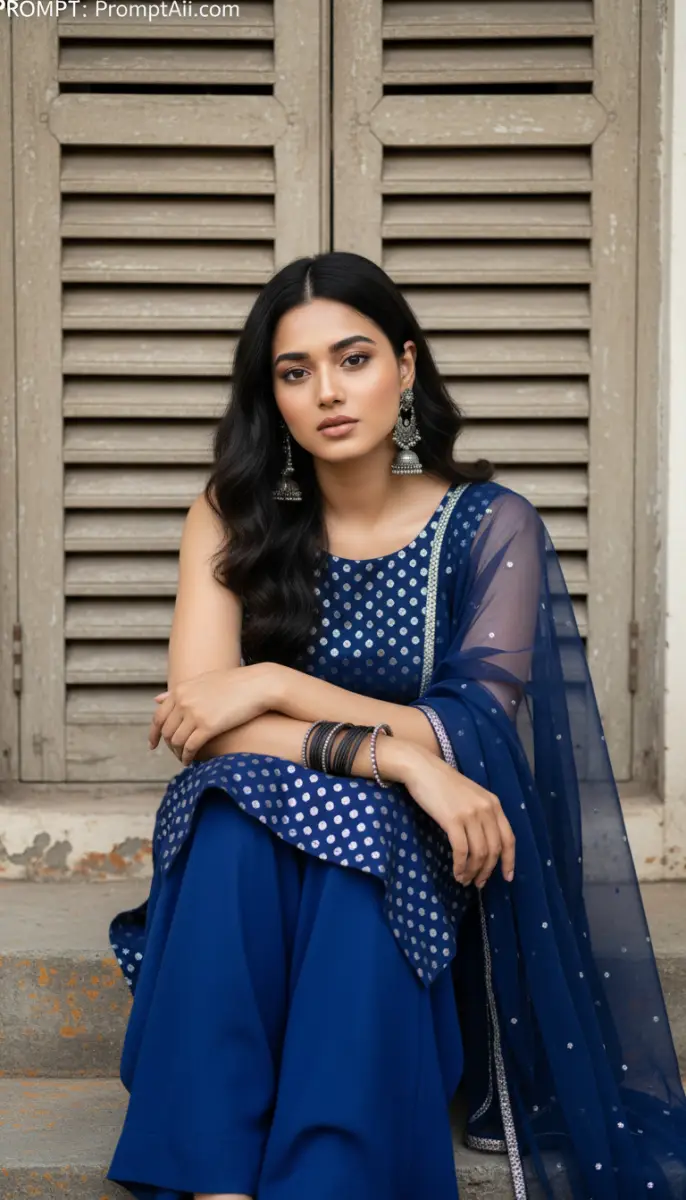 Portrait of a Woman in Royal Blue Ethnic Wear with Silver Accents
