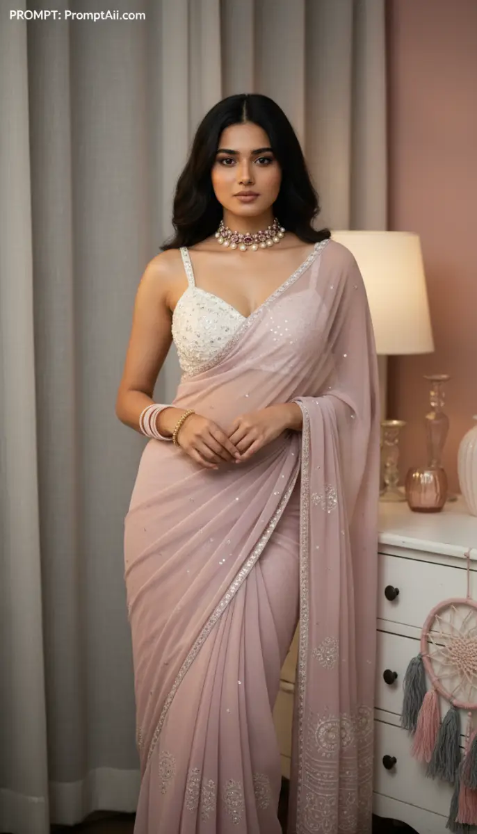 Elegant Indian Model in Dusty Pink Saree and Heavily Embellished Blouse