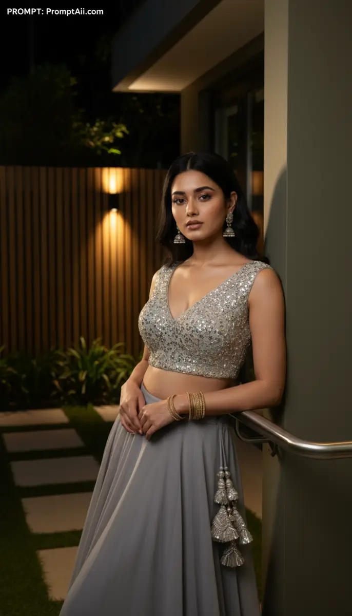 Glamorous Indian Model in Sequin Lehenga Choli