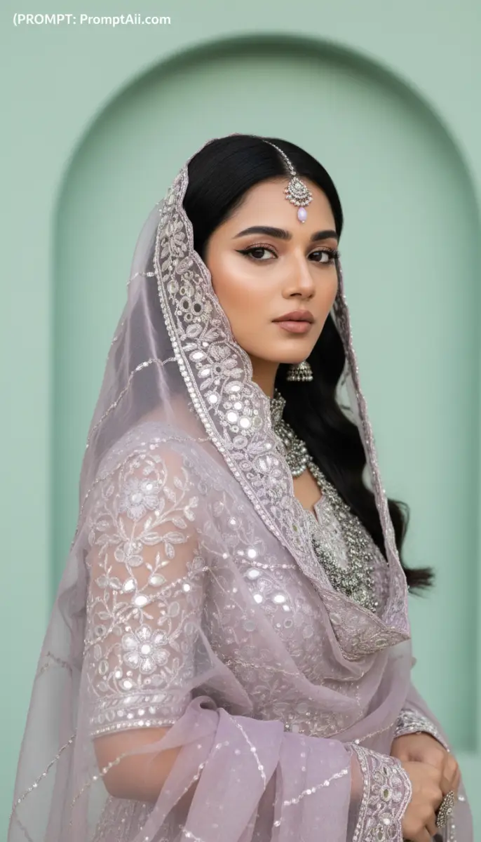Enchanting Portrait of a Woman in Lavender Mirror-Work Traditional Attire