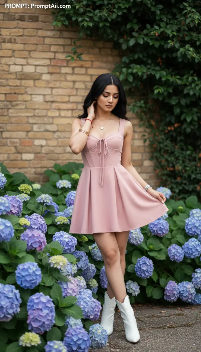 Hydrangea Garden Style: Pink Corset Mini Dress and White Western Boots