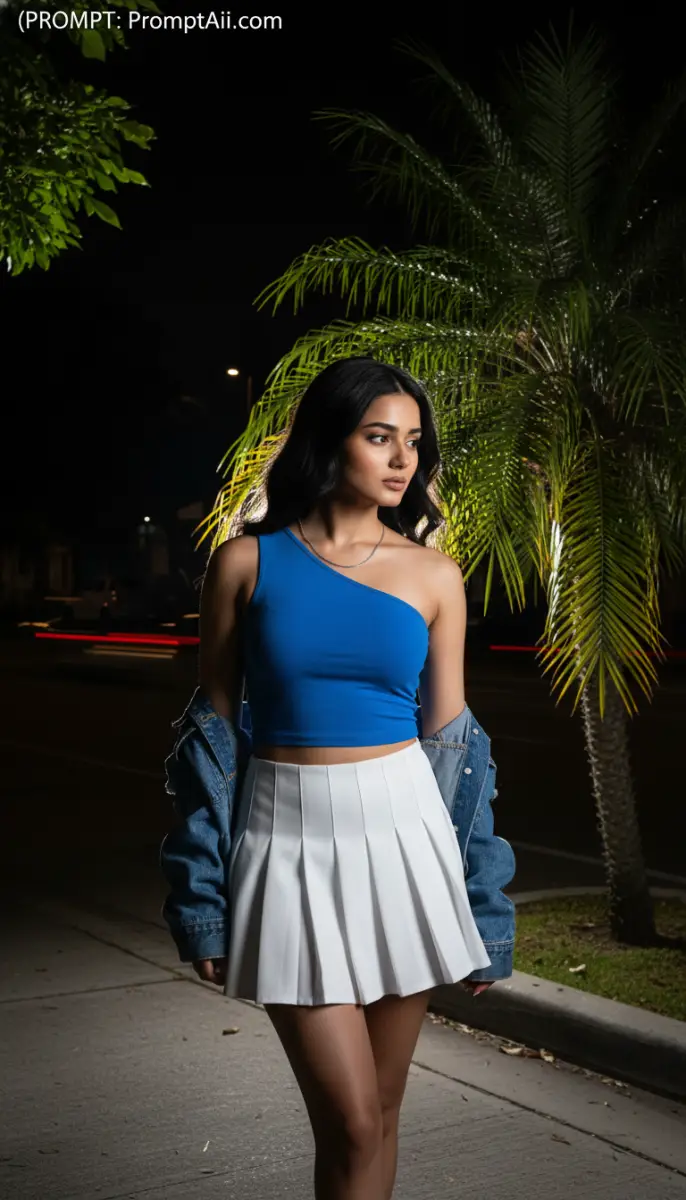 Urban Night Fashion Portrait with Palm Tree Backlight