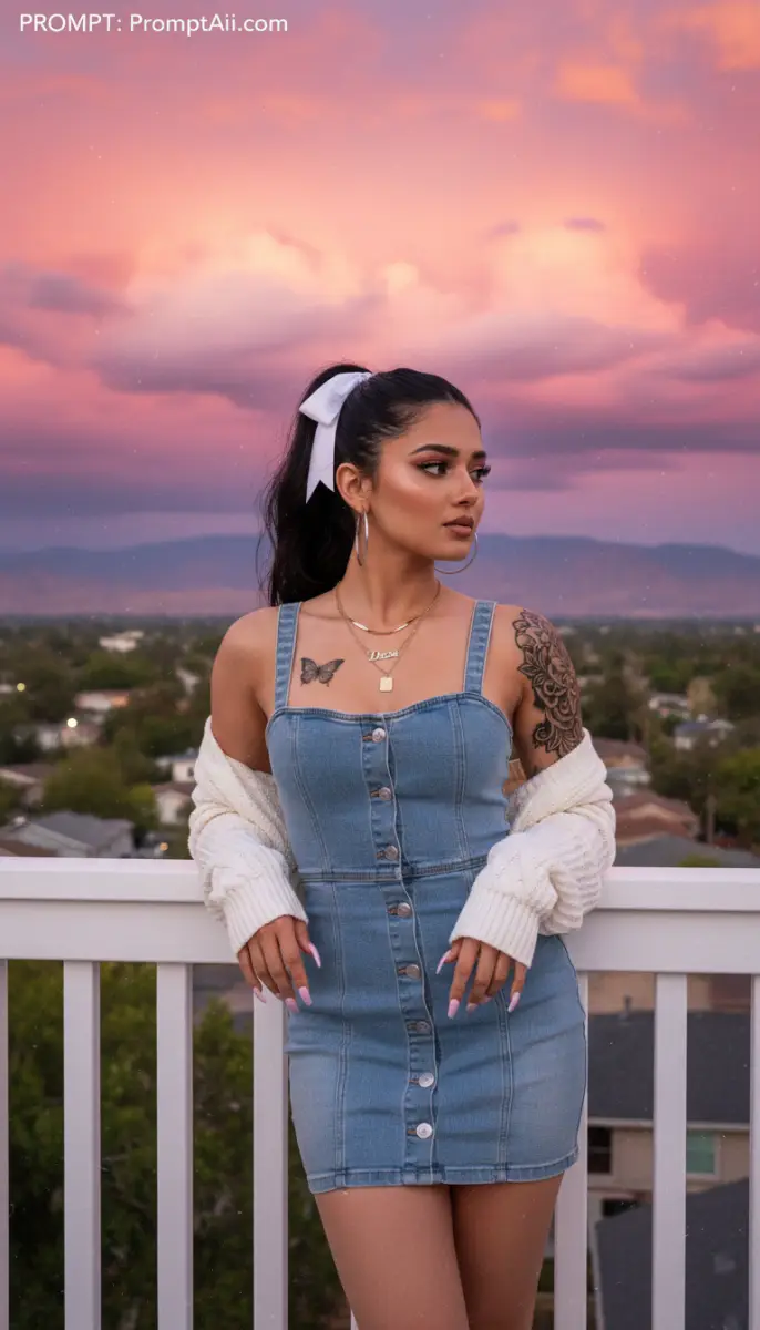 Golden Hour Portrait of Woman in Denim Dress on Balcony